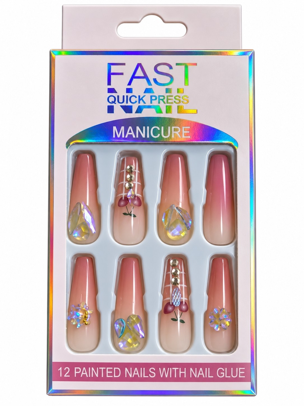 Quick Press Manicure Pink Ombre Press-On Nails with Gems